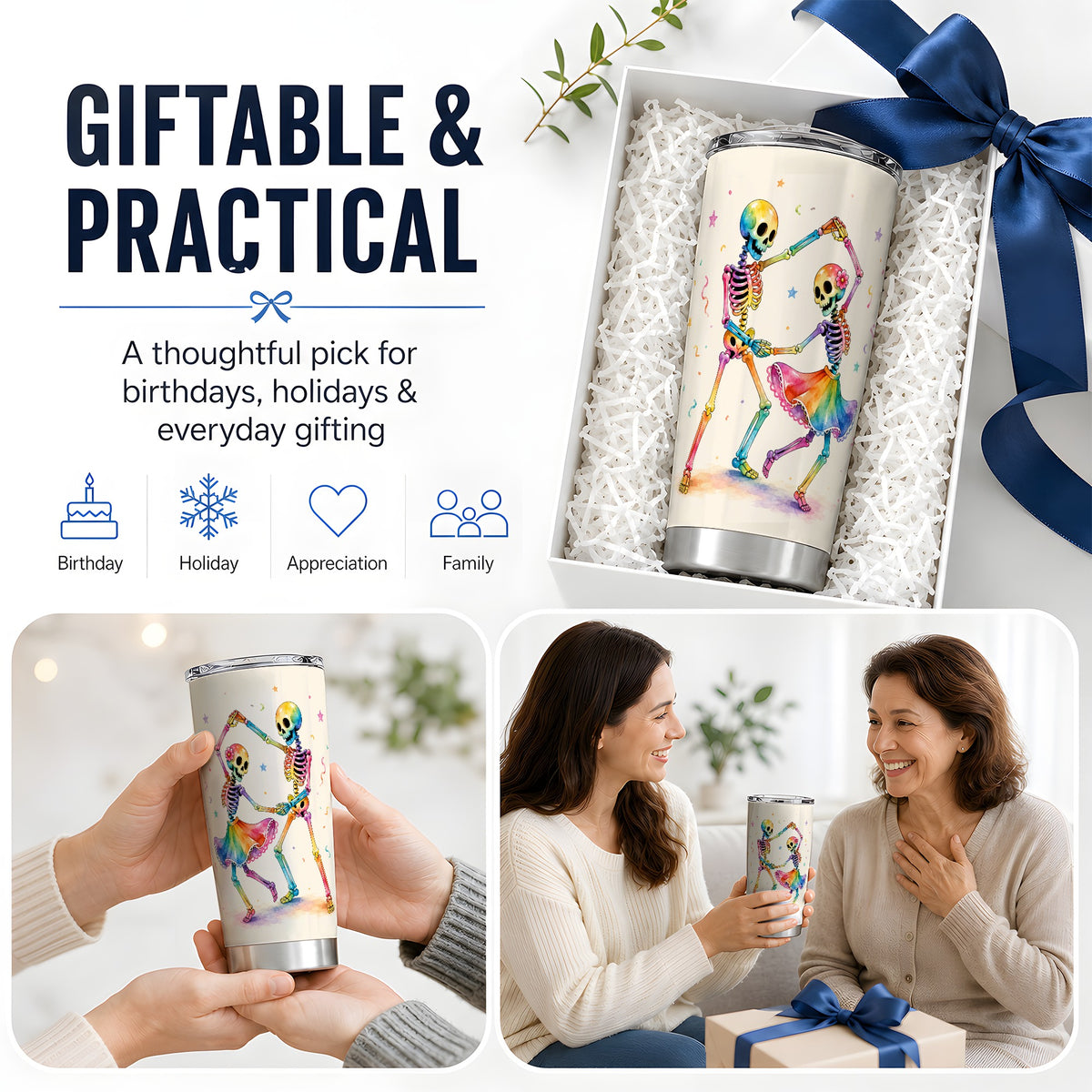 #pl[20oz|Steel] Rainbow Skeleton Tumbler, 20oz Stainless Steel Tumbler with Dance Art