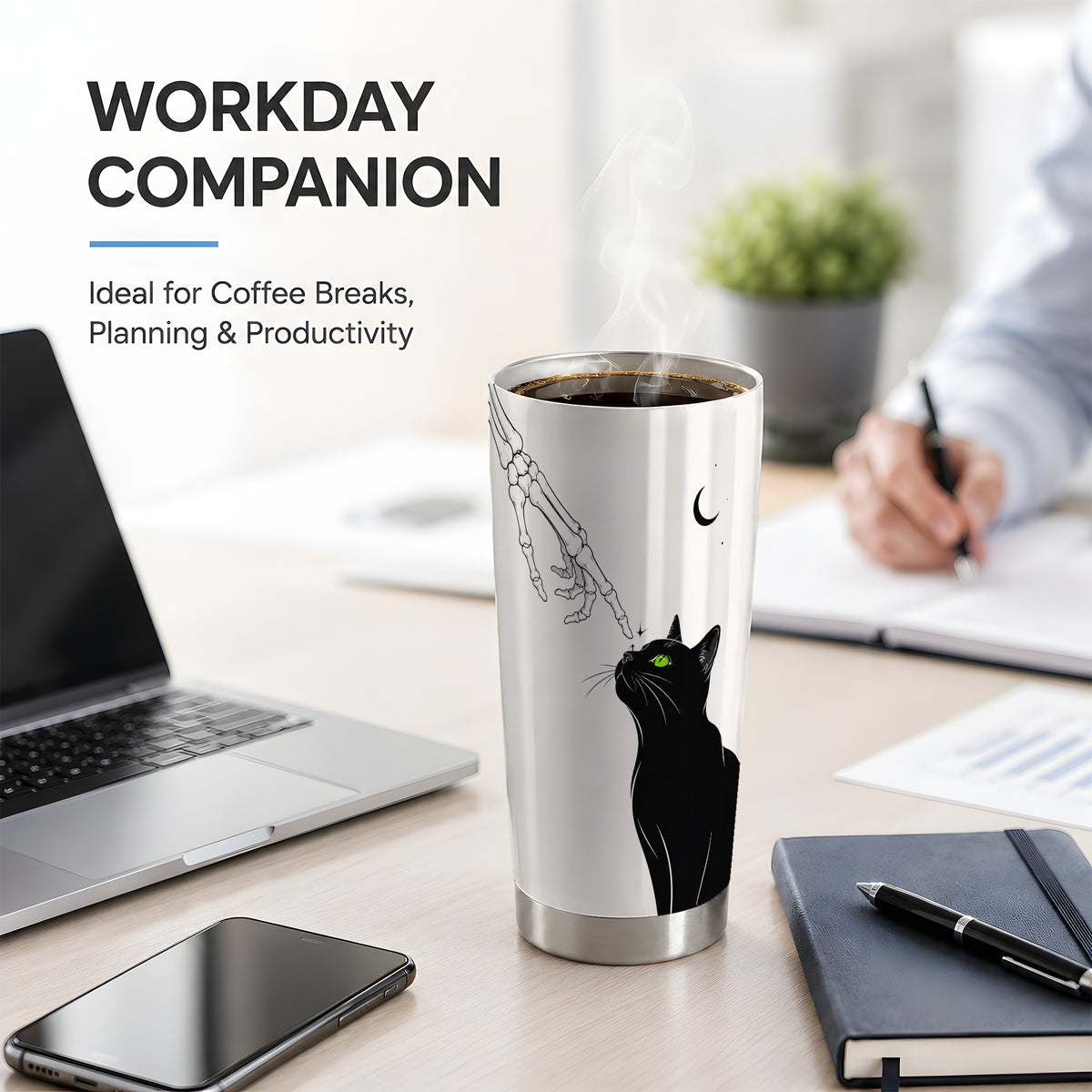 #pl[20oz|Steel] Black Cat Tumbler, 20oz Stainless Steel Tumbler with Skeleton Moon Art