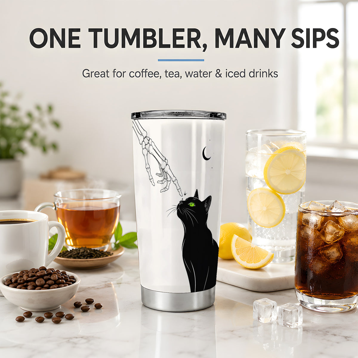 #pl[20oz|Steel] Black Cat Tumbler, 20oz Stainless Steel Tumbler with Skeleton Moon Art
