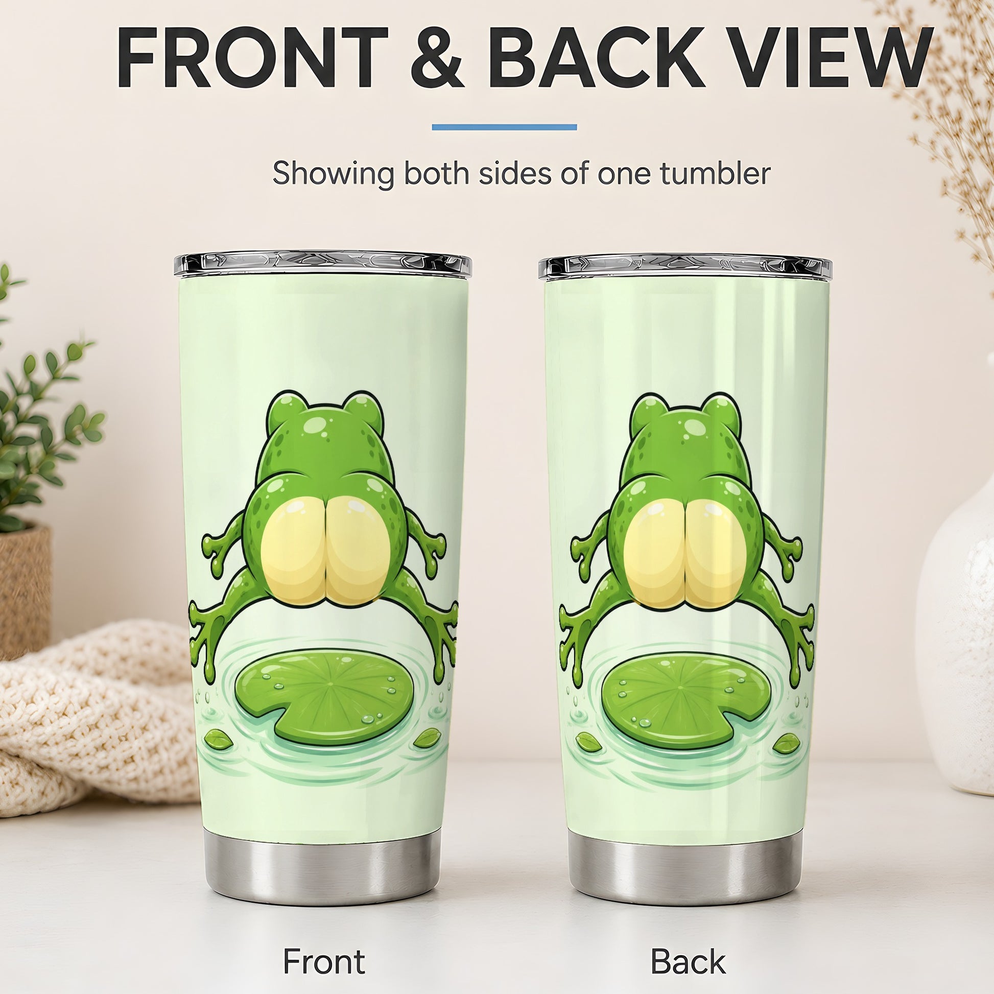 #pl[20oz|Steel] Funny Frog Butt 20oz Tumbler, Green Cartoon Artwork for Frog Lovers