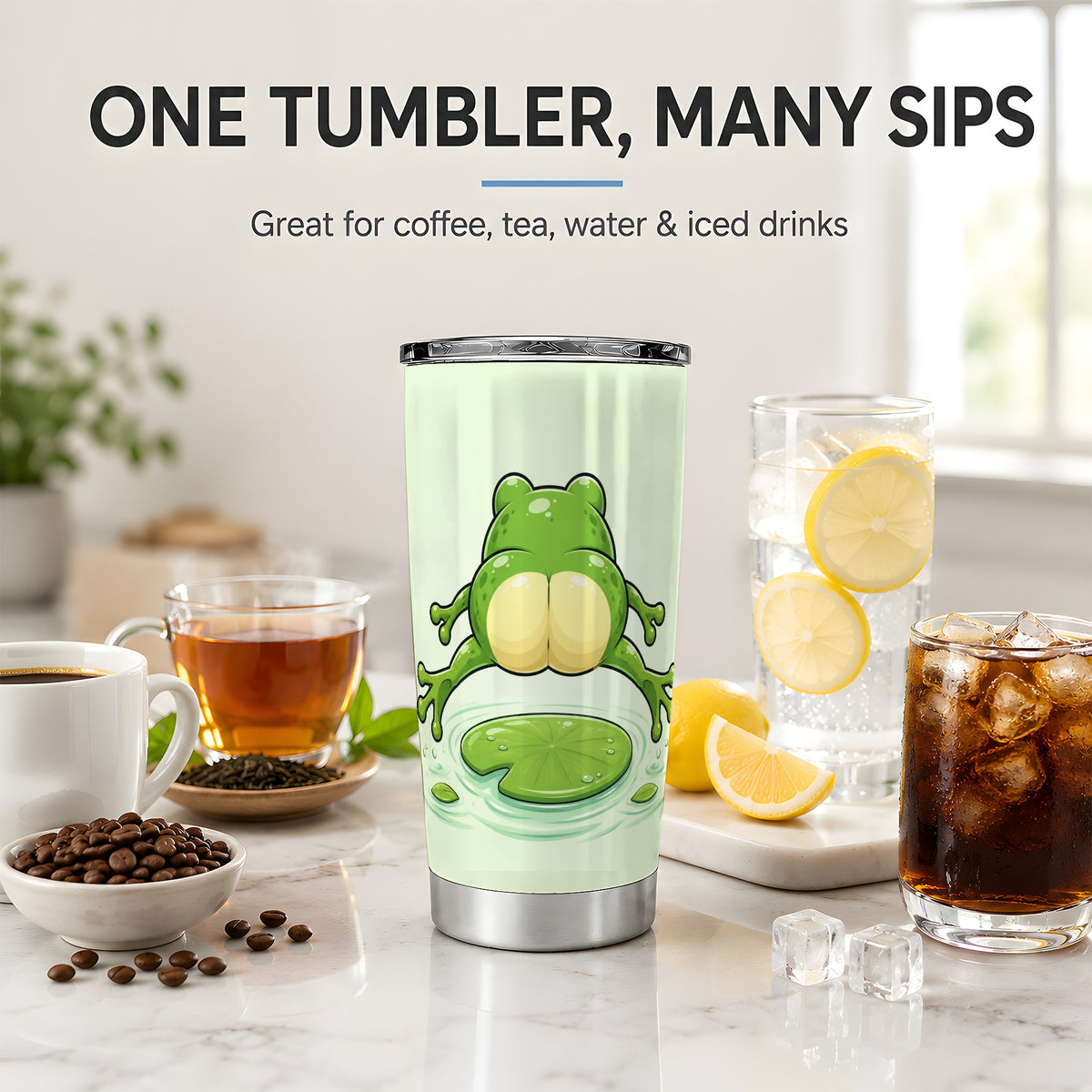 #pl[20oz|Steel] Funny Frog Butt 20oz Tumbler, Green Cartoon Artwork for Frog Lovers