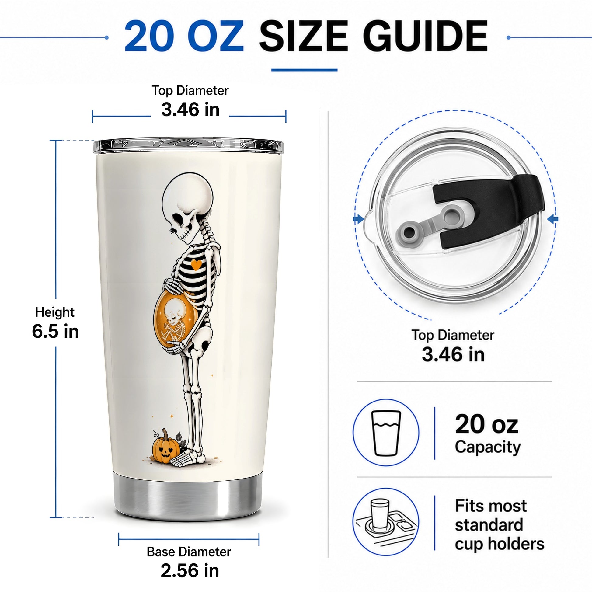 #pl[20oz|Steel] Pregnant Skeleton 20oz Tumbler, Halloween Pumpkin Art for Expecting Moms