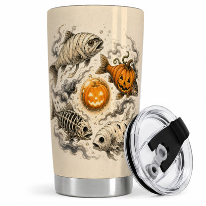 Halloween Fish 20oz Tumbler, Mummy Skeleton Pumpkin Art for Anglers