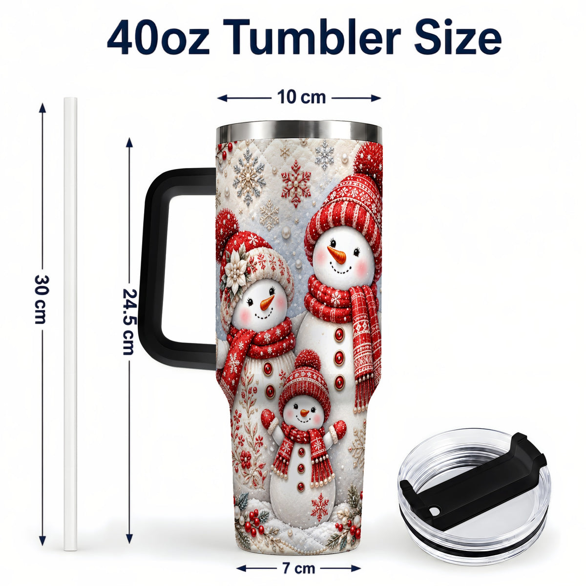 #pl[40oz|Black] Snowman Family 40oz Tumbler with Handle, Poinsettia Winter Theme