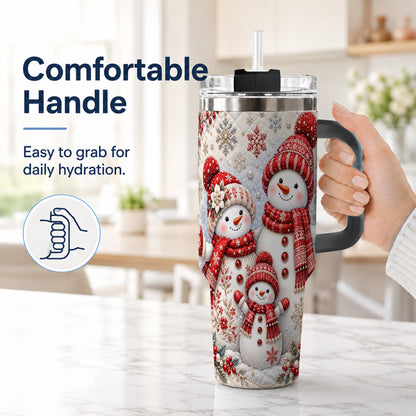 #pl[40oz|Black] Snowman Family 40oz Tumbler with Handle, Poinsettia Winter Theme