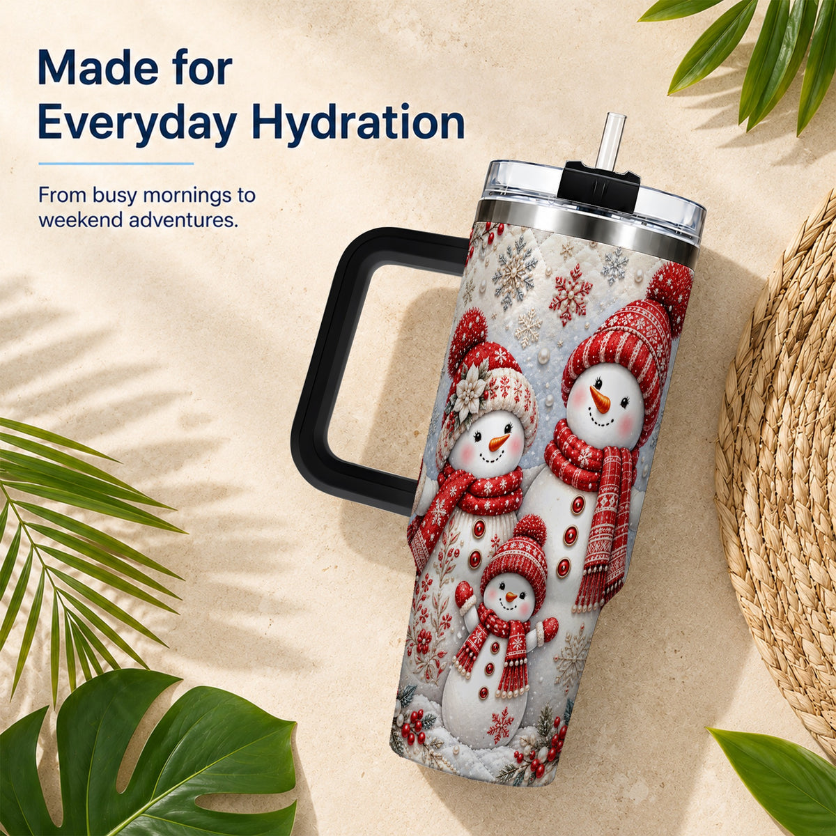 #pl[40oz|Black] Snowman Family 40oz Tumbler with Handle, Poinsettia Winter Theme