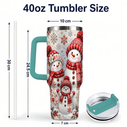 #pl[40oz|Green] Snowman Family 40oz Tumbler with Handle, Poinsettia Winter Theme