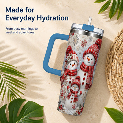 #pl[40oz|Blue] Snowman Family 40oz Tumbler with Handle, Poinsettia Winter Theme