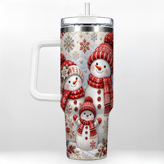 Snowman Family 40oz Tumbler with Handle, Poinsettia Winter Theme