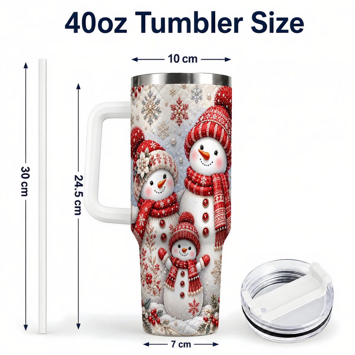 #pl[40oz|White] Snowman Family 40oz Tumbler with Handle, Poinsettia Winter Theme