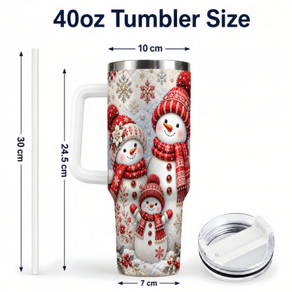 #pl[40oz|White] Snowman Family 40oz Tumbler with Handle, Poinsettia Winter Theme
