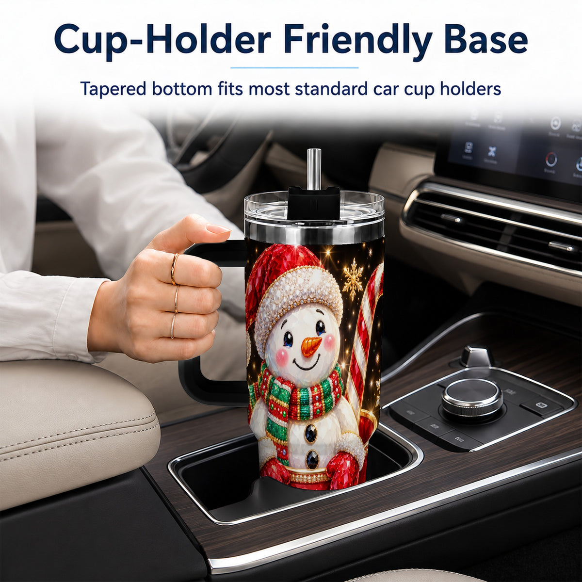 #pl[40oz|Black] Jeweled Snowman 40oz Tumbler with Handle, Candy Cane Holiday Theme