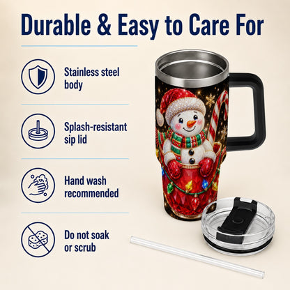 #pl[40oz|Black] Jeweled Snowman 40oz Tumbler with Handle, Candy Cane Holiday Theme
