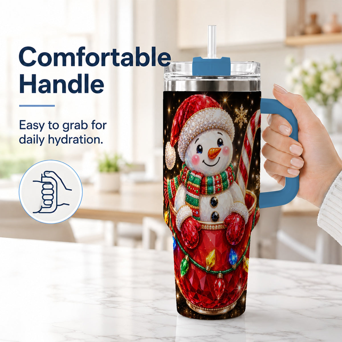 #pl[40oz|Blue] Jeweled Snowman 40oz Tumbler with Handle, Candy Cane Holiday Theme