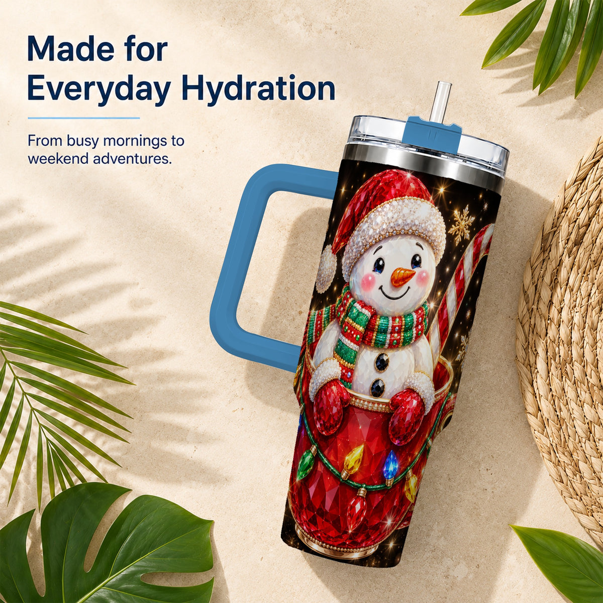 #pl[40oz|Blue] Jeweled Snowman 40oz Tumbler with Handle, Candy Cane Holiday Theme