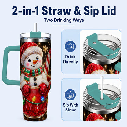 #pl[40oz|Green] Jeweled Snowman 40oz Tumbler with Handle, Candy Cane Holiday Theme