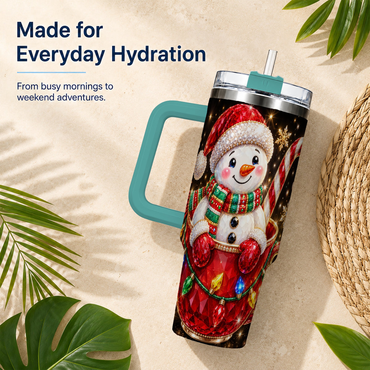 #pl[40oz|Green] Jeweled Snowman 40oz Tumbler with Handle, Candy Cane Holiday Theme