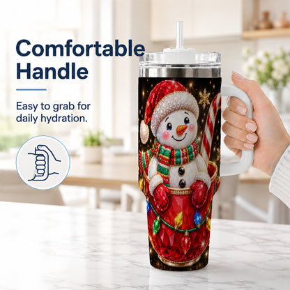 #pl[40oz|White] Jeweled Snowman 40oz Tumbler with Handle, Candy Cane Holiday Theme