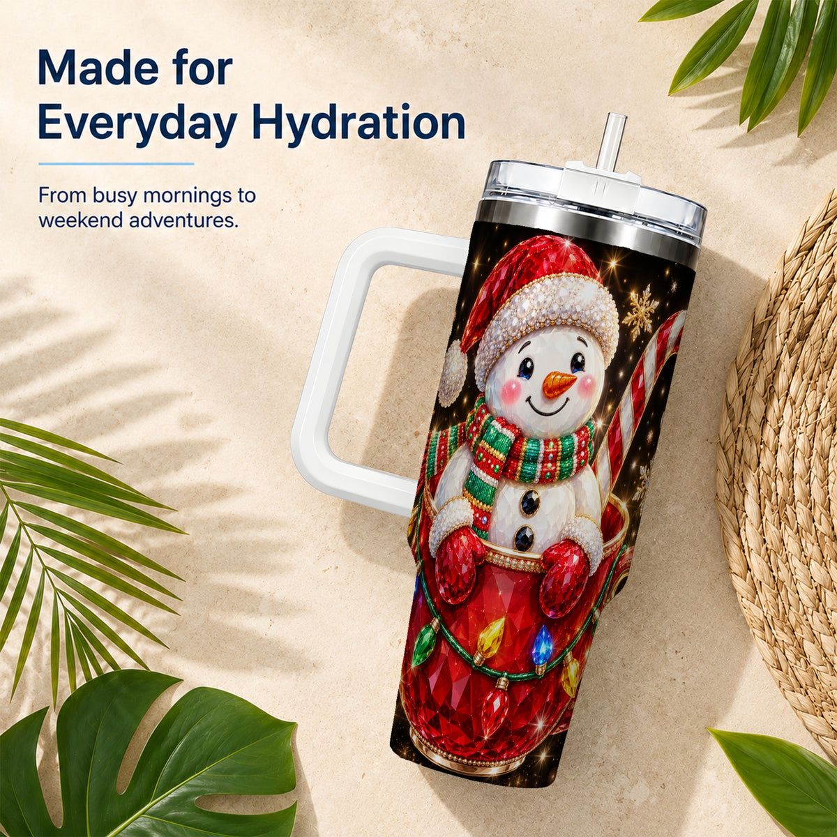 #pl[40oz|White] Jeweled Snowman 40oz Tumbler with Handle, Candy Cane Holiday Theme