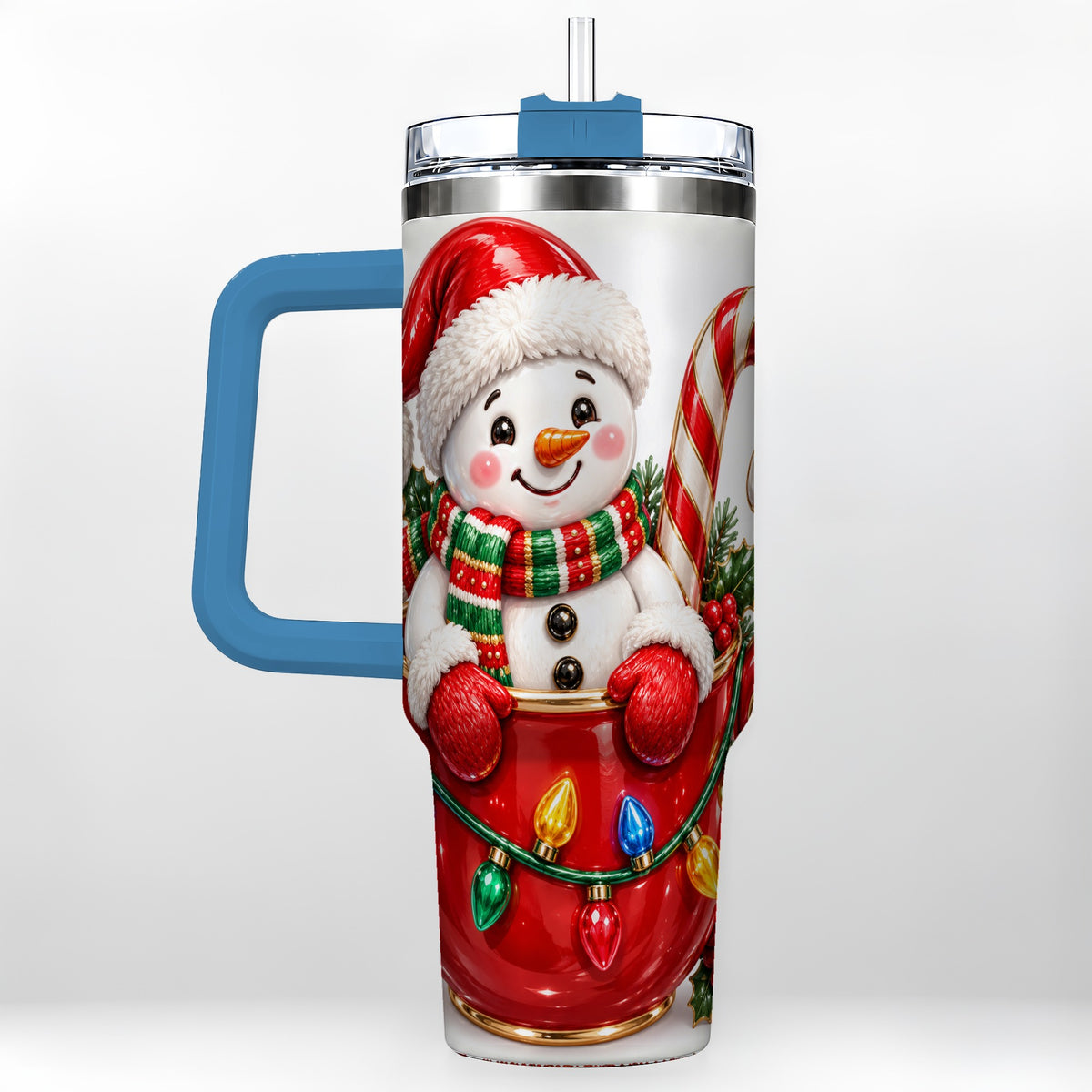 #pl[40oz|Blue] Snowman Cup 40oz Tumbler with Handle, Candy Cane Holiday Theme