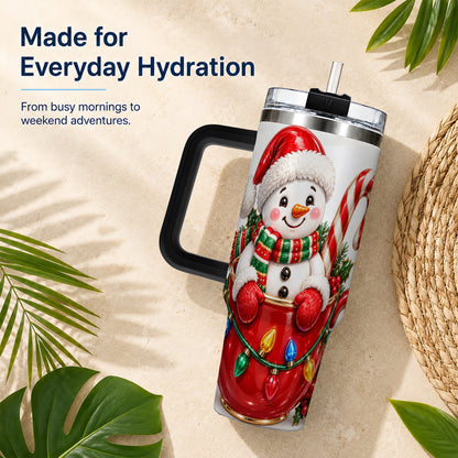 #pl[40oz|Black] Snowman Cup 40oz Tumbler with Handle, Candy Cane Holiday Theme