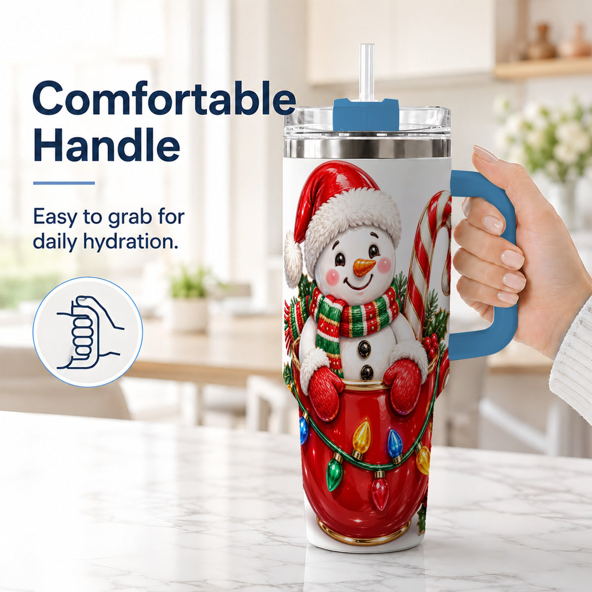 #pl[40oz|Blue] Snowman Cup 40oz Tumbler with Handle, Candy Cane Holiday Theme