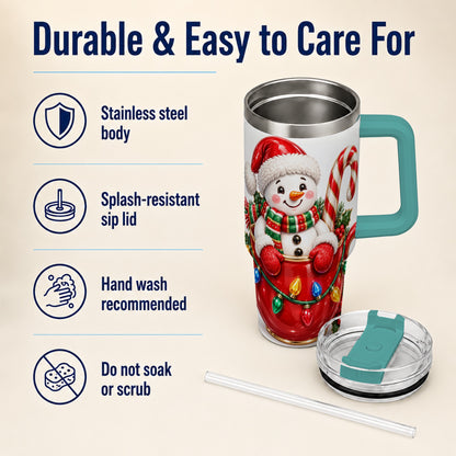 #pl[40oz|Green] Snowman Cup 40oz Tumbler with Handle, Candy Cane Holiday Theme