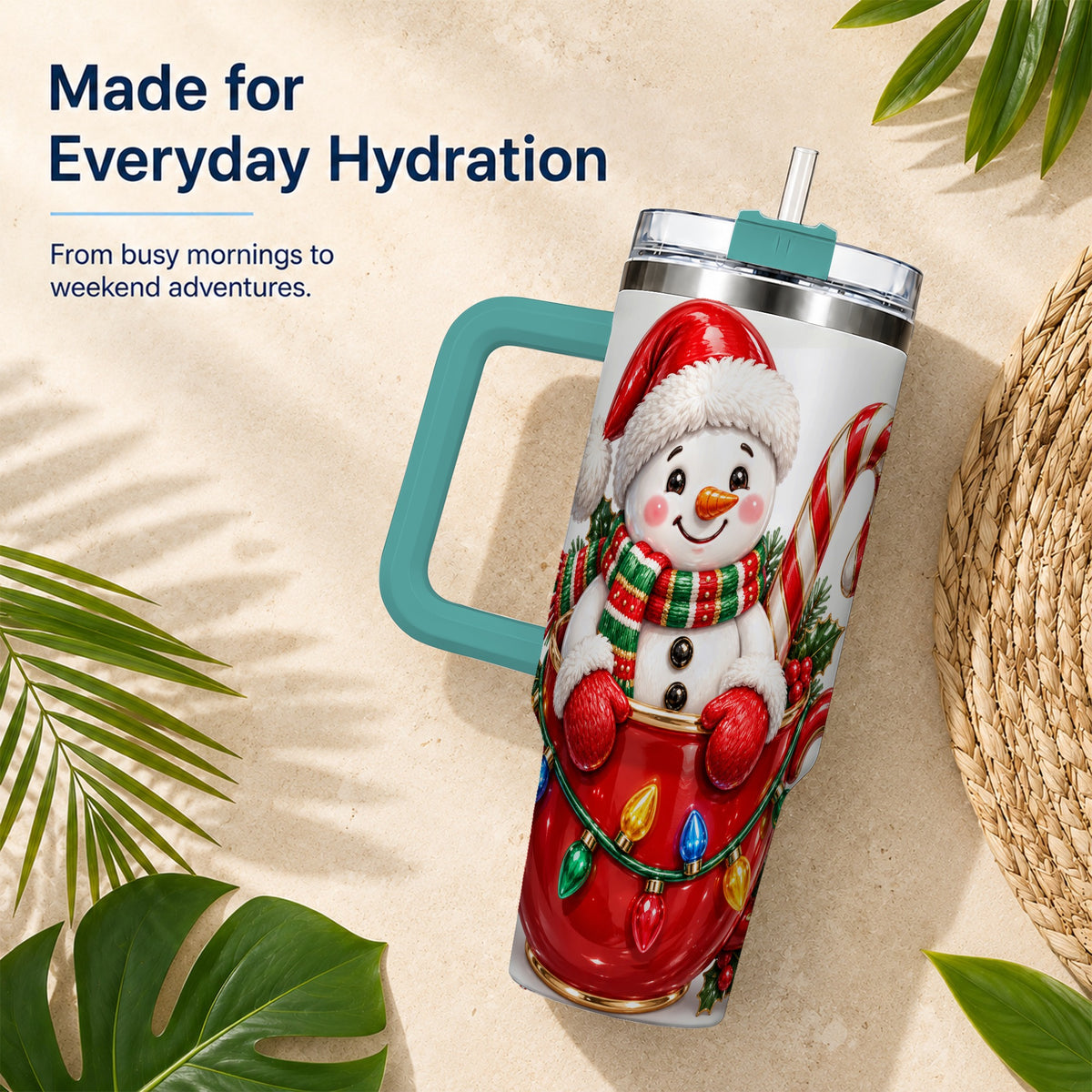 #pl[40oz|Green] Snowman Cup 40oz Tumbler with Handle, Candy Cane Holiday Theme
