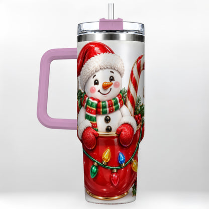 #pl[40oz|Pink] Snowman Cup 40oz Tumbler with Handle, Candy Cane Holiday Theme