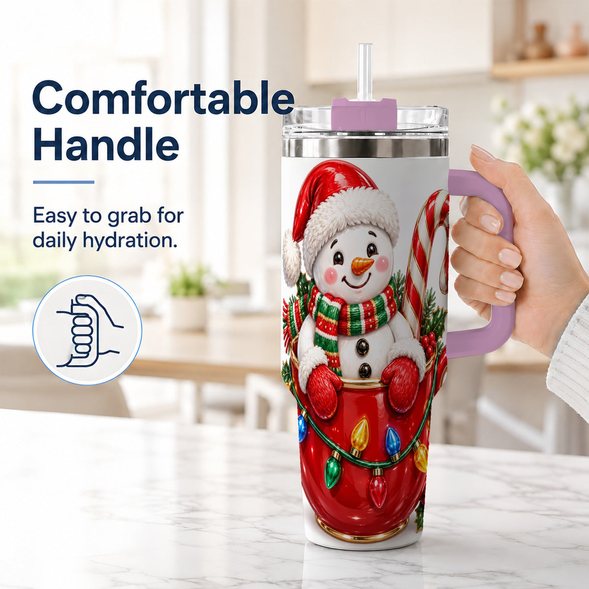 #pl[40oz|Pink] Snowman Cup 40oz Tumbler with Handle, Candy Cane Holiday Theme