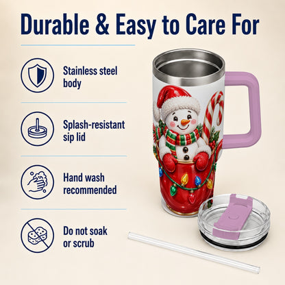#pl[40oz|Pink] Snowman Cup 40oz Tumbler with Handle, Candy Cane Holiday Theme