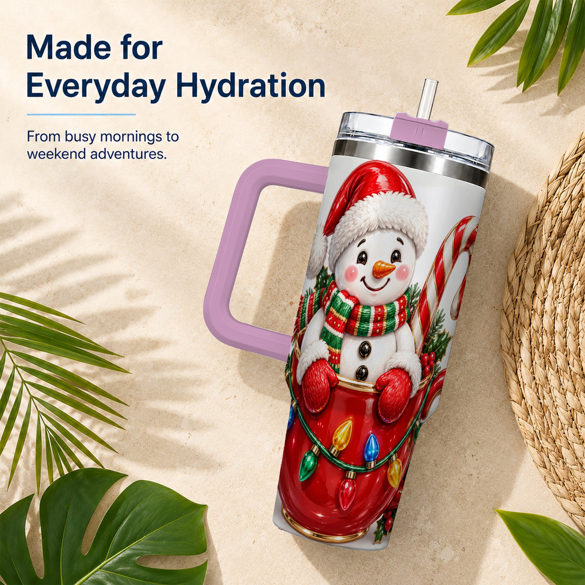 #pl[40oz|Pink] Snowman Cup 40oz Tumbler with Handle, Candy Cane Holiday Theme