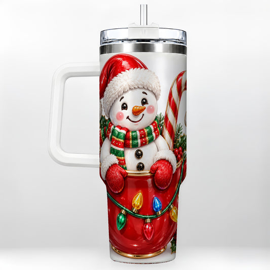 Snowman Cup 40oz Tumbler with Handle, Candy Cane Holiday Theme