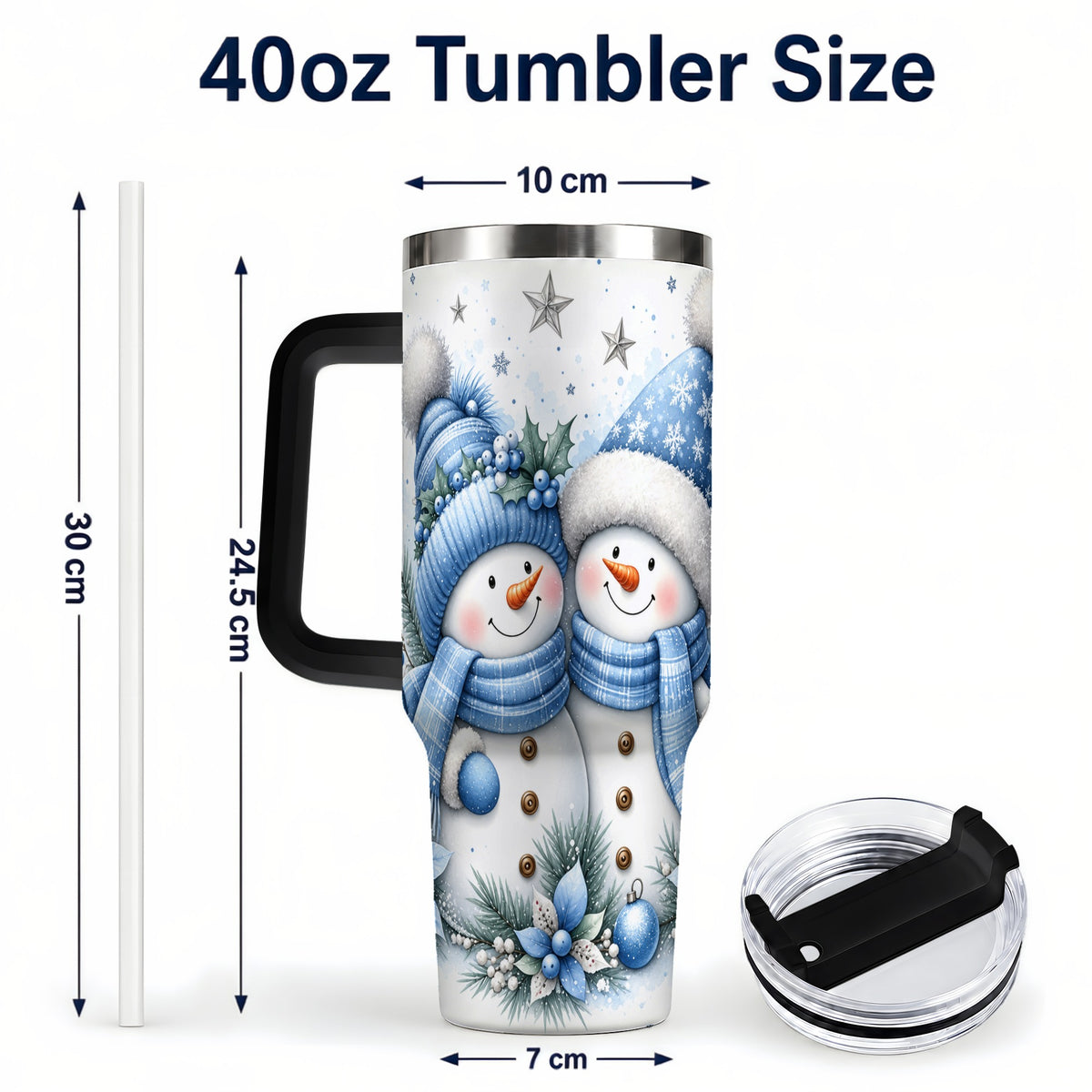 #pl[40oz|Black] Snowman Couple 40oz Tumbler with Handle, Blue Winter Floral Theme