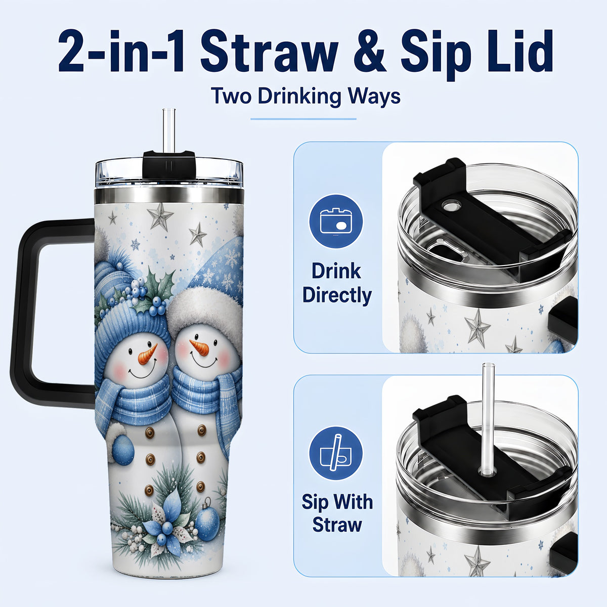 #pl[40oz|Black] Snowman Couple 40oz Tumbler with Handle, Blue Winter Floral Theme