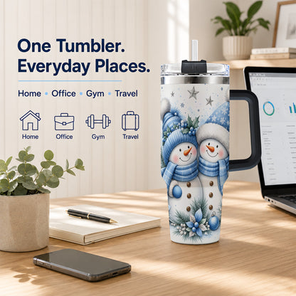 #pl[40oz|Black] Snowman Couple 40oz Tumbler with Handle, Blue Winter Floral Theme