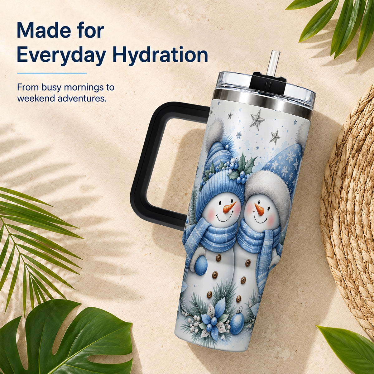 #pl[40oz|Black] Snowman Couple 40oz Tumbler with Handle, Blue Winter Floral Theme