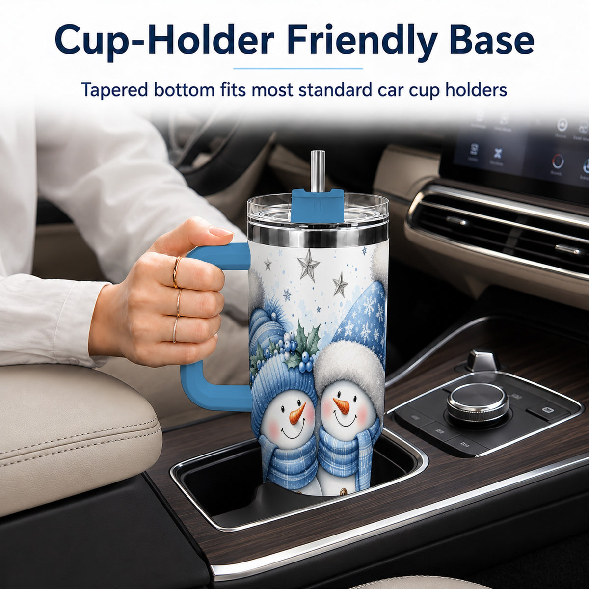 #pl[40oz|Blue] Snowman Couple 40oz Tumbler with Handle, Blue Winter Floral Theme