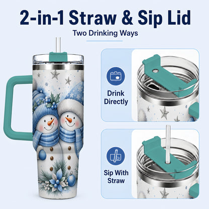 #pl[40oz|Green] Snowman Couple 40oz Tumbler with Handle, Blue Winter Floral Theme