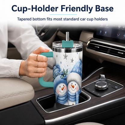 #pl[40oz|Green] Snowman Couple 40oz Tumbler with Handle, Blue Winter Floral Theme