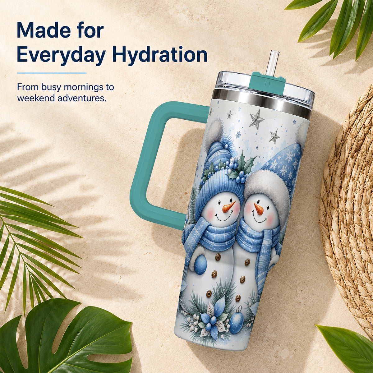 #pl[40oz|Green] Snowman Couple 40oz Tumbler with Handle, Blue Winter Floral Theme