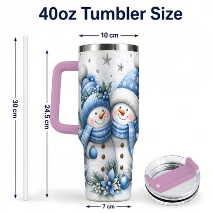 #pl[40oz|Pink] Snowman Couple 40oz Tumbler with Handle, Blue Winter Floral Theme