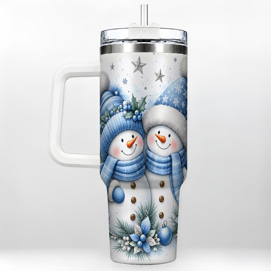 Snowman Couple 40oz Tumbler with Handle, Blue Winter Floral Theme