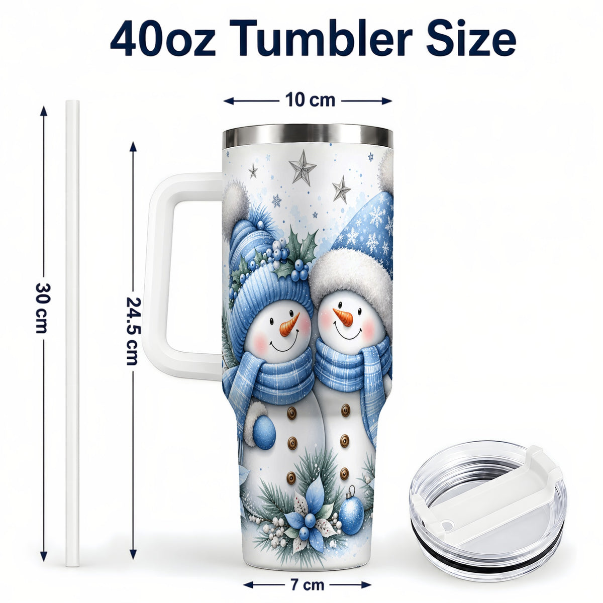 #pl[40oz|White] Snowman Couple 40oz Tumbler with Handle, Blue Winter Floral Theme