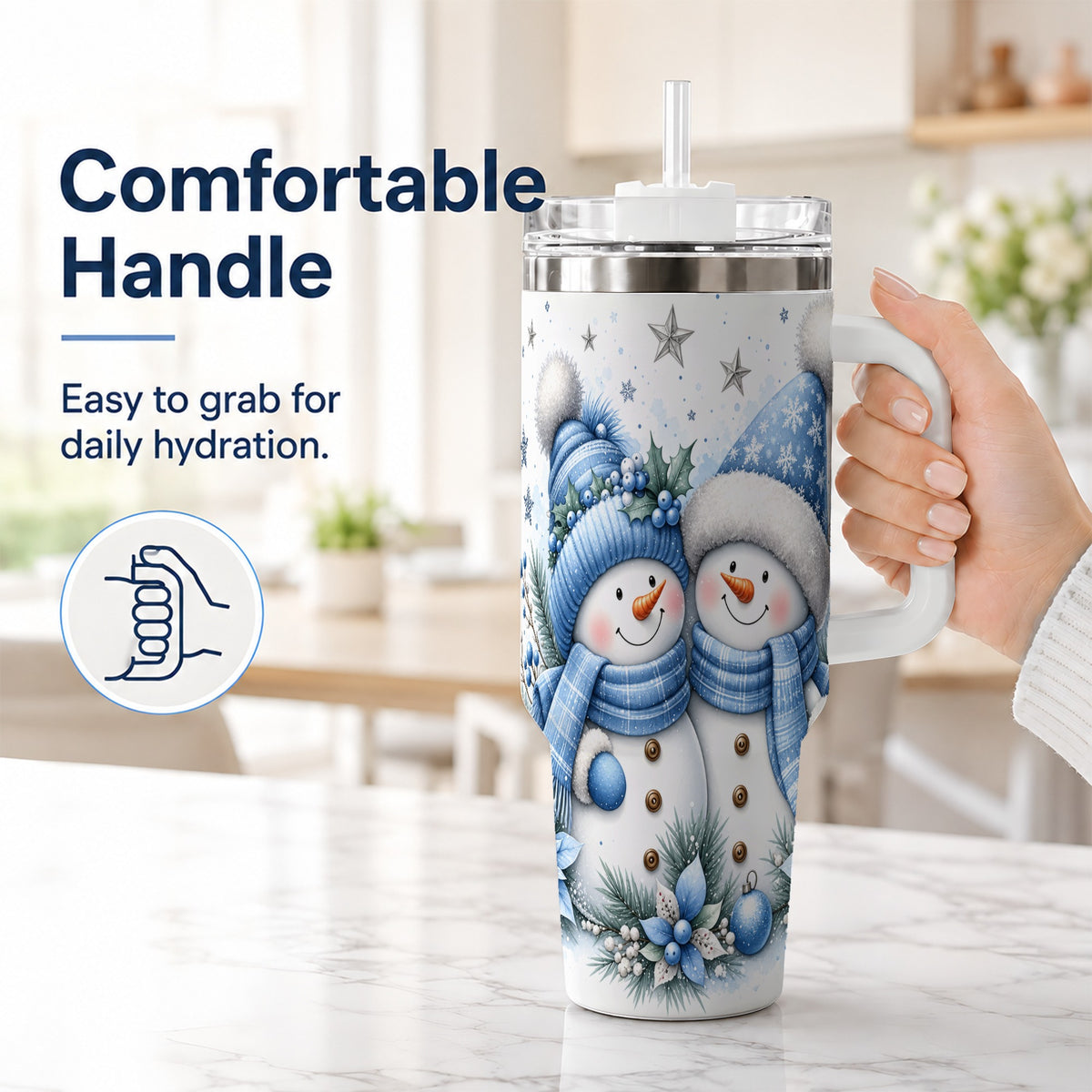 #pl[40oz|White] Snowman Couple 40oz Tumbler with Handle, Blue Winter Floral Theme
