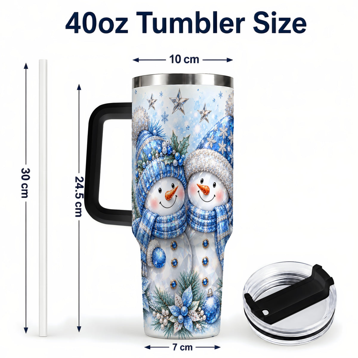 #pl[40oz|Black] Blue Gem Snowmen 40oz Tumbler with Handle, Winter Snowman Travel Cup