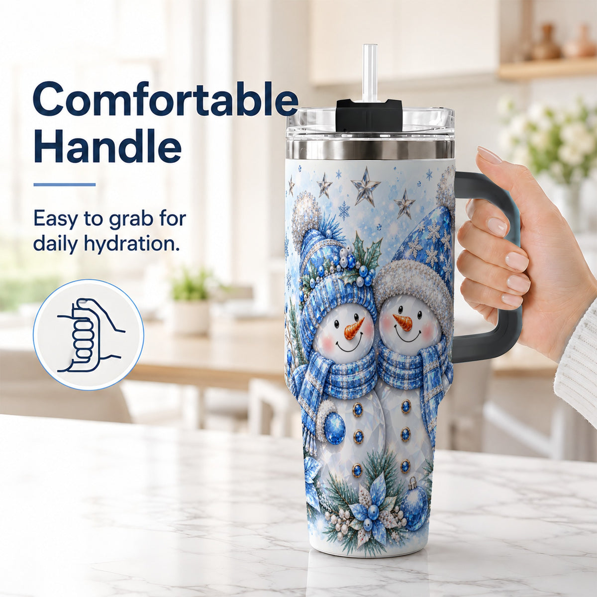 #pl[40oz|Black] Blue Gem Snowmen 40oz Tumbler with Handle, Winter Snowman Travel Cup