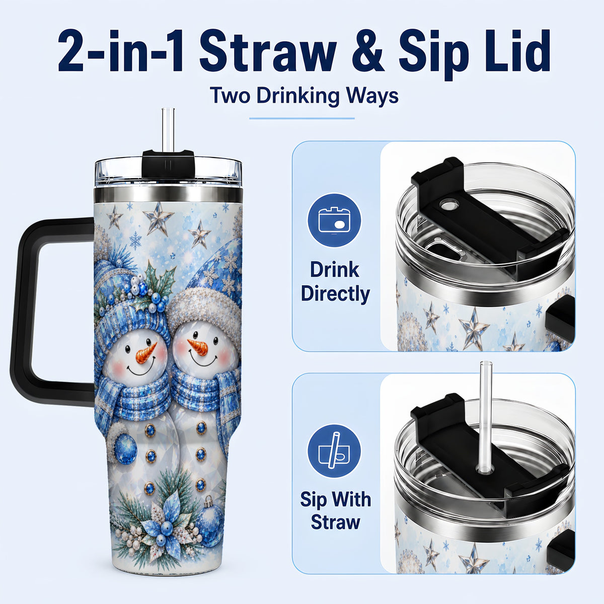 #pl[40oz|Black] Blue Gem Snowmen 40oz Tumbler with Handle, Winter Snowman Travel Cup