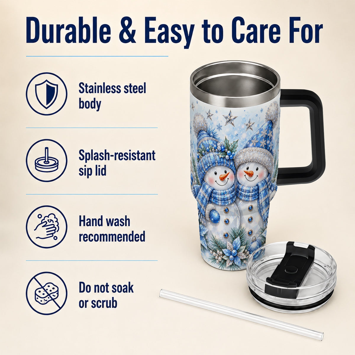 #pl[40oz|Black] Blue Gem Snowmen 40oz Tumbler with Handle, Winter Snowman Travel Cup
