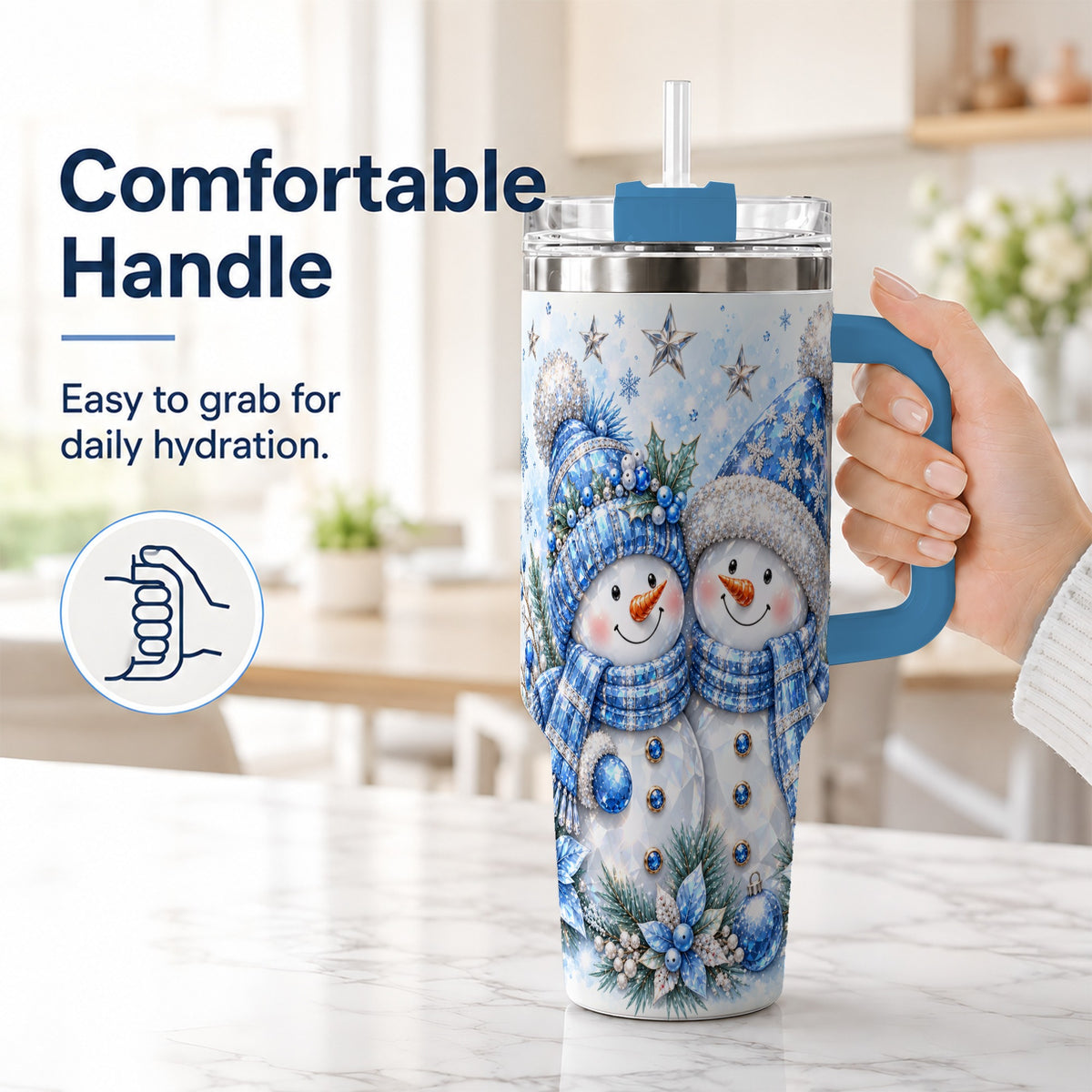 #pl[40oz|Blue] Blue Gem Snowmen 40oz Tumbler with Handle, Winter Snowman Travel Cup